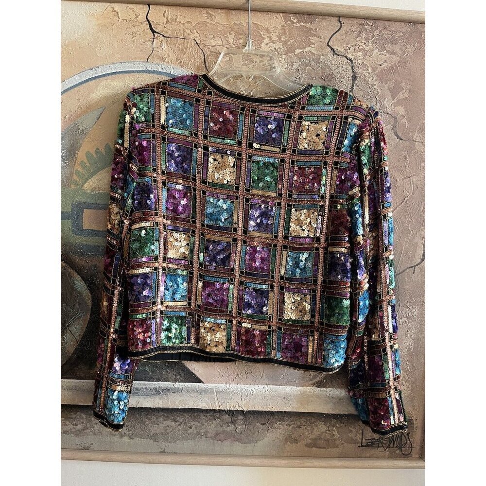 LAWRENCE KAGER SILK Rainbow Sequins 1980s Evening Jacket PL - Picture 10 of 13